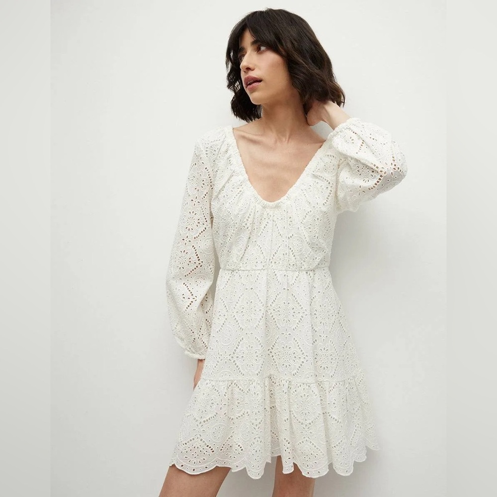 Veronica Beard Calibra White Long Sleeve Eyelet Dress, Size 4, $548